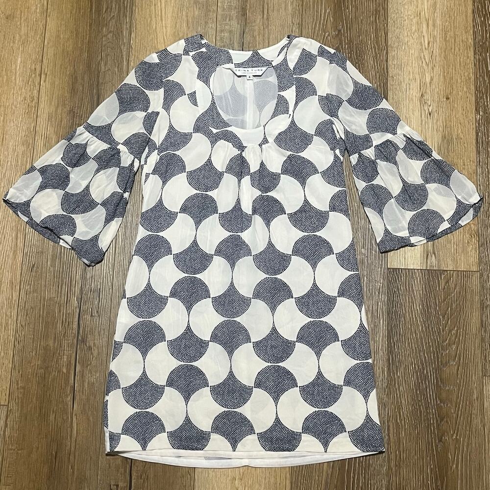 VTG Trina Turk Bonita Silk Three Quarter Bell Sleeve Shift Dress 4 60s Mod Retro